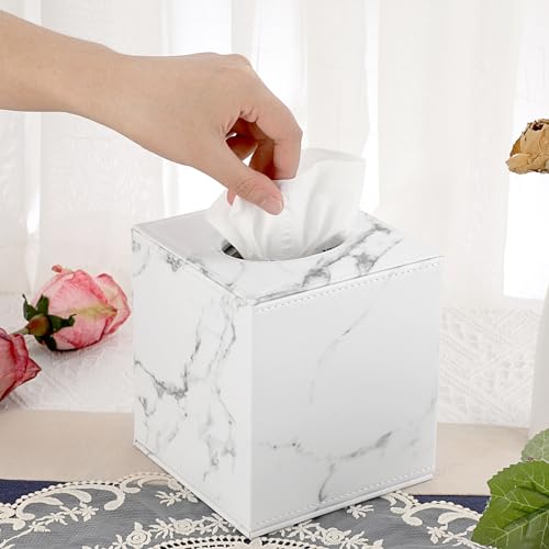 Sumnacon Square Leather Tissue Box Cover - Stylish Cube Tissue Box Holder with Magnetic Bottom, Decorative PU Tissue Box for Vanity Dresser Night Stand Table Countertop Home Office Car, Marble White | Cube Leather Tissue Box Covers,Decorative Tissue Box f