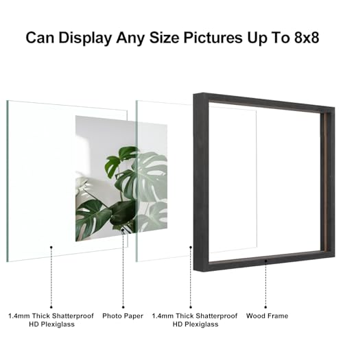 Egofine 8x8 Floating Frames Set of 2, Double Plexiglass Picture Frame, Made of Solid Wood Display Any Size Photo up to 8x8, Wall Mount or Tabletop Standing, Faded Black - color: Faded Black, size: 8x8