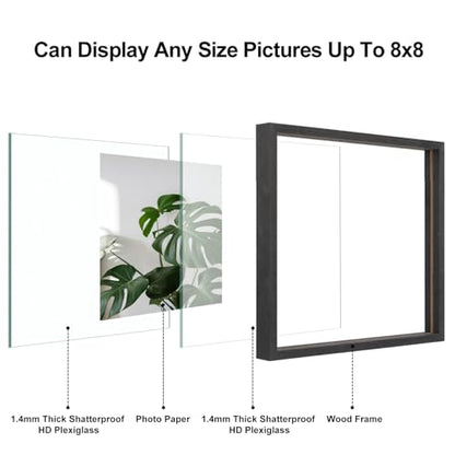 Egofine 8x8 Floating Frames Set of 2, Double Plexiglass Picture Frame, Made of Solid Wood Display Any Size Photo up to 8x8, Wall Mount or Tabletop Standing, Faded Black - color: Faded Black, size: 8x8