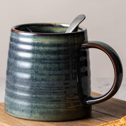 15.5oz Large Heavyweight Ceramic Mug, Reactive (Dark Green) | 15.5oz Medium-Large, Heavy Weighted Stoneware, Reactive Transmutation Glaze, Microwave & Dishwasher Safe, Gift Box - color: Dark Green