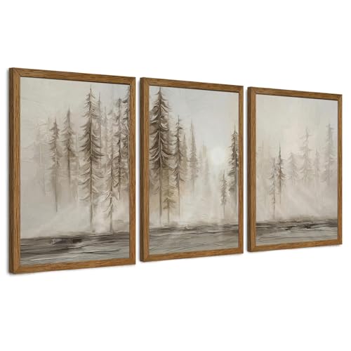 Urmoya 3 Pieces Scandinavian Pine Tree Neutral Forest Wall Art 16x24 in | Wood framed canvas, Forest scene, Nordic modern style, Ready to hang, for living room, hallway, office, or bedroom decor - color: Sunny Forest, size: 24"L x 16"W