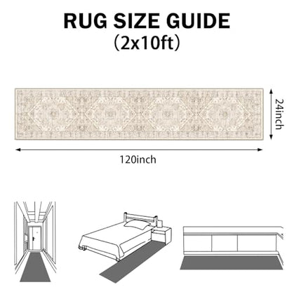 AooHHooA 2x10 Boho Washable Beige Low Pile Runner Rugs, Non Slip Stain Resistant Soft Faux Wool Runners for Hallway Laundry Entryway Bedroom - color: Beige 2, size: 2' x 10' (Runner)