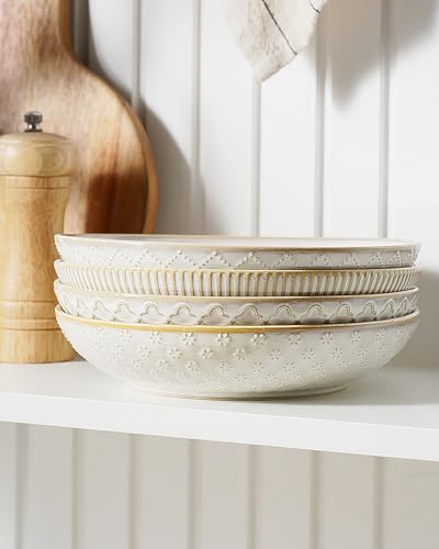 getstar Pasta Bowls, Large Salad Serving Bowls (7.6 inch & 22 oz), Ceramic Bowl Plates Set of 4, Farmhouse Embossments, Microwave and Dishwasher Safe - size: 7.6"/22oz
