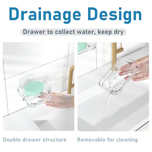 Soap Dish for Shower Clear Soap Holder Pull-Out Water Tray No Drilling Required Strong Fixation for Rv Bathroom and Kitchen Easy（1 Pack） - color: Clear