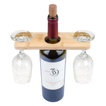 BambooVast- Wine Glass Holder and Bottle Stand, Bamboo Wine Butler with 2 Glass Slots, Countertop Wine Rack Display Caddy for Home Bar, Kitchen, and Dining Room Decor
