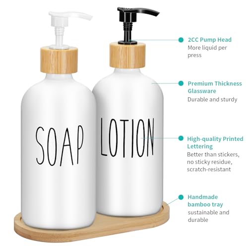 2 Pack 16 Oz Glass Soap Dispenser Set with Tray, Hand Dish Soap Dispenser Set for Bathroom and Kitchen Bottle Dispenser with Dish Soap, Hand Soap, Lotion (White（Soap） White (Lotion)) - color: White（soap）white (Lotion)