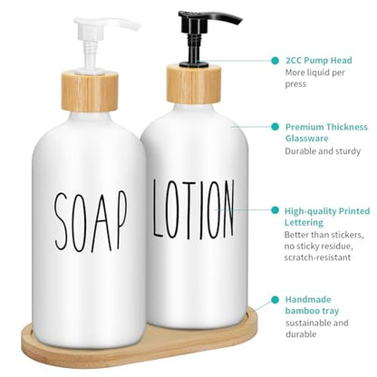 2 Pack 16 Oz Glass Soap Dispenser Set with Tray, Hand Dish Soap Dispenser Set for Bathroom and Kitchen Bottle Dispenser with Dish Soap, Hand Soap, Lotion (White（Soap） White (Lotion)) - color: White（soap）white (Lotion)