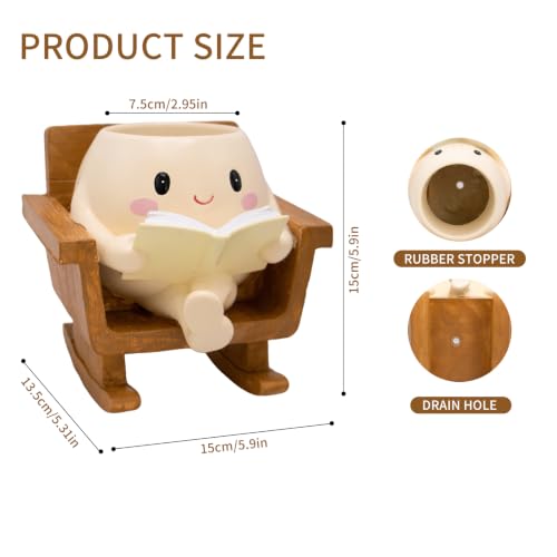 Cute Rocking Chair Smiley Face Planter Pot for Indoor Outdoor | Unique Book Garden Plant Pots with Drainage, Funny Succulent Flower Pot Decorative, Mother Gifts for Birthday, Christmas