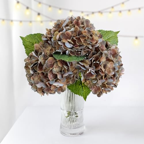 ZYTUYO 3PCS Brown Real Touch Artificial Hydrangeas Flower 21" with Stems | Realistic Latex Petals, Faux Hydrangea for Home Decor, Outdoor Wedding Party Arrangement, Table Centerpieces - color: Brown, size: 3 PCS