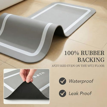 Gray Super Absorbent Bath Mat Set, Soft Diatomaceous Earth Bath Mat, Washable Non Slip Quick Dry Bathroom Mats, 15.74" x 23.62" Plus 15.74" x 47.2"