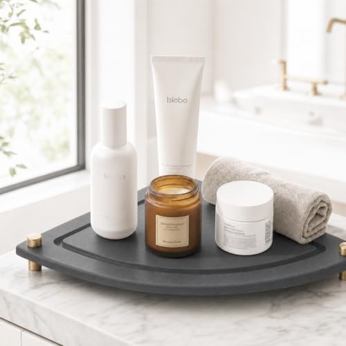 Corner Counter Shelf, Water Absorbing Stone Drying Tray Mat for Kitchen & Bathroom Sink, Diatomaceous Gold Faucet Coaster Soap Dish Rack Riser Dispenser Sponge Holder, Dark Gray, 8.5" x 8.5" - color: Dark Gray - Gold, size: 8.5" x 8.5" x 1"