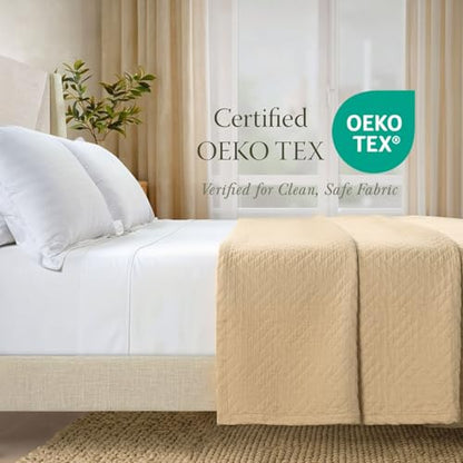 Threadmill Luxury Cotton Blankets for Queen Size Bed | All-Season 100% Cotton Queen Size Blanket | Criss Cross Jacquard Cozy Lightweight, Soft Breathable Coverlet fits Full Size Bed, 90x92 | Beige | 100% Cotton, Jacquard Pattern, 90x92 in, Breathable, All