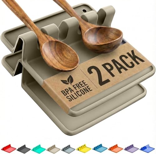 Cooler Kitchen Sage Silicone Spoon Rest for Stove Top with Drip Pad (Two Pack) - Heat Resistant BPA Free Utensil Rest & Spoon Holder for Kitchen Counter - Grill Utensil Holder - Spatula Holder - color: Sage, size: Medium - 2 Packs