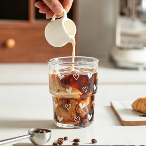 INSETLAN 13 oz Heart Decal Glass Tumblers Set of 2, Thick Wall Glass Cups with Lid and Glass Straw, On-the-Go Coffee Cups for Iced Coffee, Tea, Milk, Hot & Cold Drinks, Travel & Daily Use - color: 13 oz - 2 Pcs - With Heart Decal