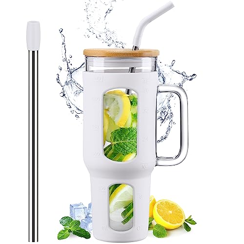 WINSA Glass Tumbler with Lid and Straw, 46 oz, White | Iced Coffee Cup with Handle, Large Water Bottle with Silicone Sleeve, Pearl Straw & Drinking Straw, BPA Free - color: White, size: 46 Ounces