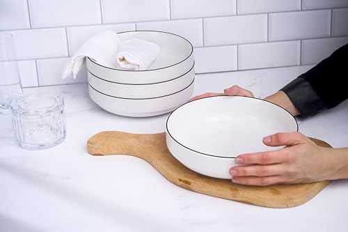 KooK Ceramic Large Pasta Bowls, Microwave and Dishwasher Safe, Great for Soups and Salads, Shallow Serving Bowls, Glossy Porcelain, 47 oz, Set of 4, French - color: French