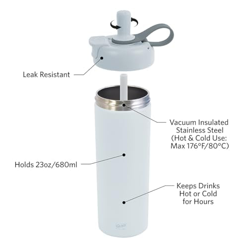 Glad Sip & Chug Insulated Water Bottle - Skinny Stainless Steel Tumbler with Straw and Chug Lid - Leak Resistant Double Walled Metal for Hot and Cold Drinks, 23oz, Grey - color: Gray