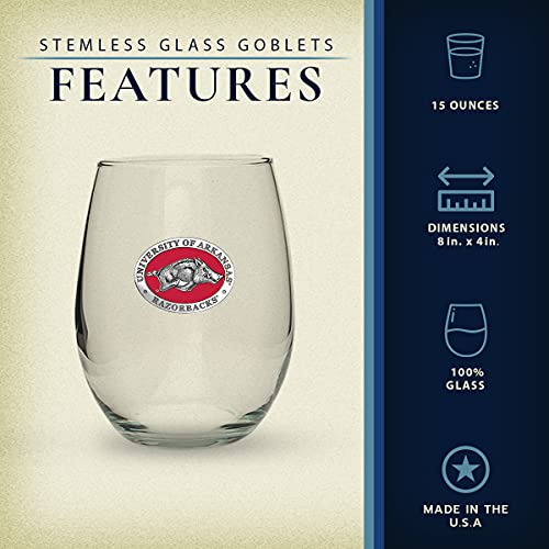 Heritage Pewter Arkansas Razorbacks Stemless Glass Goblets – Set of 2 | 15 OZ Goblet Wine Glasses | Expertly Crafted Pewter Glass - style: ARKANSAS RED