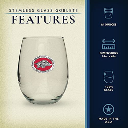 Heritage Pewter Arkansas Razorbacks Stemless Glass Goblets – Set of 2 | 15 OZ Goblet Wine Glasses | Expertly Crafted Pewter Glass - style: ARKANSAS RED