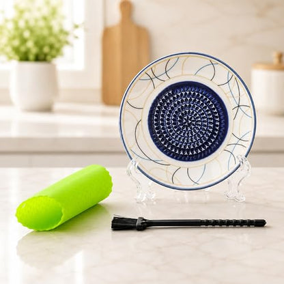 Ceramic Garlic Grater Plate Bowl Tomato Dish Made in Spain Spanish Grating Pan Herb Stripper Peeler Con Tomate Grater Plate Brush Stand Kitchen Gadget Gift Set Ginger Olive Oil Dip(#L) - color: #L