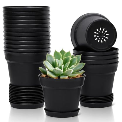 T4U Small Plant Pots 4 Inch 18 Pack, Plastic Flower Pots with Saucer Black | Nursery containers for succulents cactus herbs, Desk windowsill shelf, Violet african violet, Compact lightweight - color: Black, size: 4 In