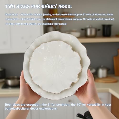 10" Large White Ruffle Lotus Design with Gold Trim Ceramic Fruit Bowl, Shallow Decorative Leaf Floral Bowl for Coffee Table Kitchen Counter and Home Decor Approx Capacity 45 fl oz - size: 10"