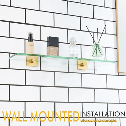 KOKOSIRI Wall Shelves 20-Inch Floating Tempered Glass Shelf Bathroom Hardware Kitchen Hanging Rack Shower Storage, Brushed Gold Stainless Steel B1107BG-L20 - color: Brushed Gold, size: 20-Inch