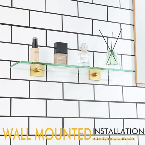 KOKOSIRI Wall Shelves 20-Inch Floating Tempered Glass Shelf Bathroom Hardware Kitchen Hanging Rack Shower Storage, Brushed Gold Stainless Steel B1107BG-L20 - color: Brushed Gold, size: 20-Inch
