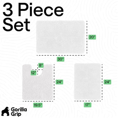 GORILLA GRIP Bathroom Rug Sets 3 Piece, Bath Mat Set and Oval Toilet Base with Rubber Backing, Plush Absorbent Shaggy Chenille Washable Mats, Includes 24x19.5, 24x17 and 30x20 Inch Rugs, White - color: White, style: 24"x19.5" + 24"x17" + 30"x20" - 3 Pack