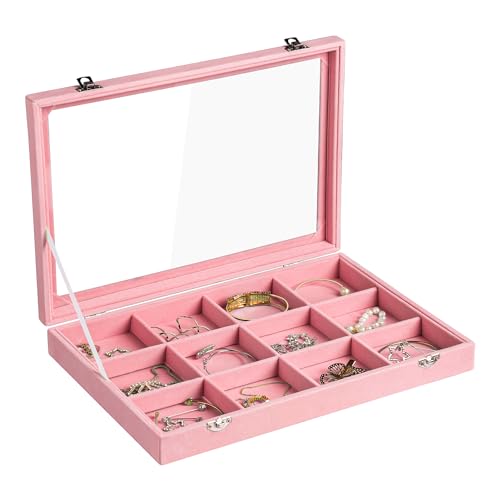 12 Grid Bracelet Holder Box,Velvet Jewelry Tray with Clear Lid | Real Glass Lid,Bracelet Display,Jewelry Organizer for Bangle Brooch,Adjustable Divider,Dustproof Design,13.8×9.5Inches - color: Pink, size: 12 Grid