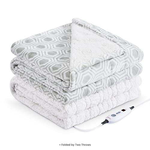 Bearhug Electric Blanket Throw Size, 50" x 60" Heated Blanket with 6 Heating Levels & 4H Auto Shut-Off, Machine Washable Soft Velvet to Sherpa Reversible Heated Throw for Office, Couch and Sofa - color: Snow Gray Honeycomb, size: Throw 50" × 60"