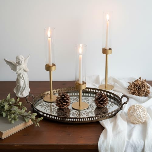 Ronasip Hurricane Candle Holders Set of 3, Matte Gold Metal Taper Candlestick Holders with Clear Glass Chimney Cylinder Tubes, Tall Candle Stands for Wedding, Christmas, Dining Table Centerpiece Decor