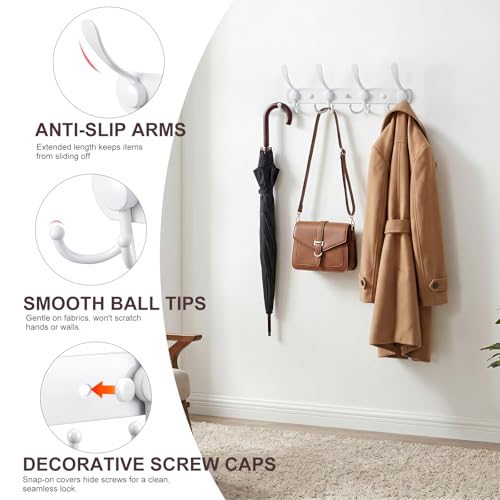 YUNISS Coat Rack Wall Mounted，4 Tri Stainless Steel Coat Hook for Coat Hat Robes Towel in Mudroom Entryway (White, 2 Pack 4) - color: White, size: 2 Pack 4