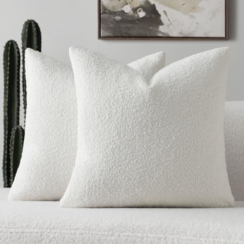 FUTEI Pack of 2 Boucle Textured Throw Pillow Covers 22x22 Inch, White | Decorative Textured Neutral Pillow Covers, Machine Washable, Colorfast,Accent Solid Couch Throw Pillows Sofa Bed Living Room - color: White, size: 22" x 22" (Pack of 2)