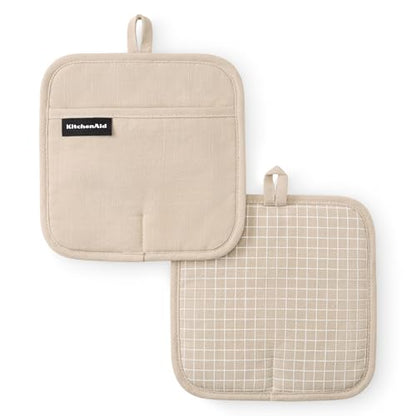 KITCHENAID Gourmet Series Gridlines Pot Holders 2-Pack Set, Heat Resistant up to 600°F, Soft Silicone Grip, Magnetic Cuff, Milkshake Tan, 8"x8" - color: Milkshake Tan