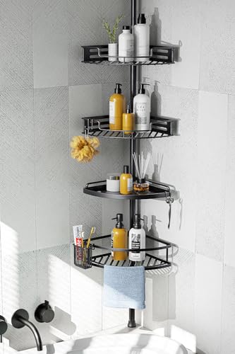 HAMITOR Corner Shower Caddy Tension Pole, 4 Tier Rustproof Organizer- Black | No-Drill Setup, Adjustable Height Tension Pole, Rustproof Shelves,Perfect Storage for Bathrooms, Dorms & Apartments- 47-121in - color: Black