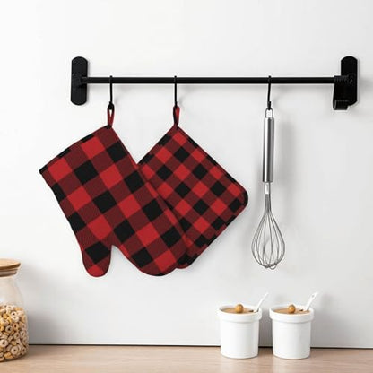 Red Black Buffalo Plaid Checker Oven Mitts and Pot Holders Set Silicone Heat Resistant Red Black Checker Kitchen Gloves Set Plaid Kitchen Mittens Pot Holders for BBQ Cooking - color: Red Black