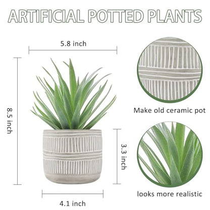 Der Rose 8.5" Fake Succulent Plant in Striped Ceramic Pot for Boho Decor | Small fake plants，sturdy cement planter, eco-friendly，suitable for bathroom bedroom office desk shelf boho decor