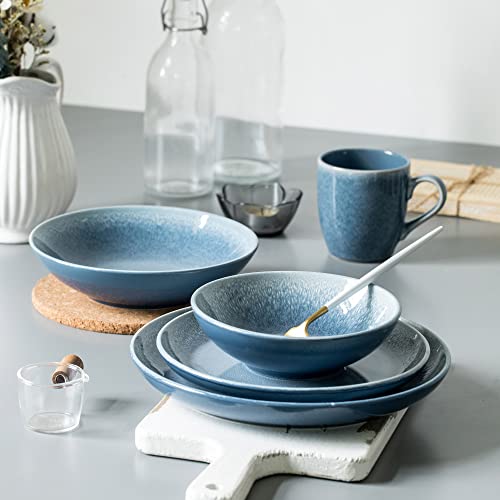 Arora FAIT Round Stoneware 16pc Dinnerware Set for 4, Dinner Plates, Side Plates, Cereal Bowls, Mugs - Reactive Glaze Blue (463014) - color: Blue-Bowl/Mug, style: Round-Service for 4(16pcs)