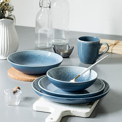 Arora FAIT Round Stoneware 16pc Dinnerware Set for 4, Dinner Plates, Side Plates, Cereal Bowls, Mugs - Reactive Glaze Blue (463014) - color: Blue-Bowl/Mug, style: Round-Service for 4(16pcs)