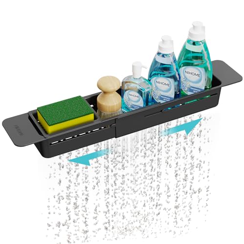 NiHome Extendable Kitchen Sink Caddy Extra Long Brush Sponge Storage Holder | Expandable Kitchen In Sink Organizer Extra Long for Brush & Sponge with Drainage, Adjustable Length, Non-Slip Pads (Black) - color: Black 1, size: Extra Long