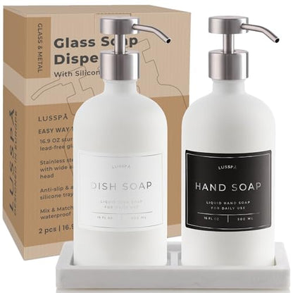 Glass Soap Dispenser Set of 2 (White) with Silicone Tray | Hand and Dish Soap Dispenser for Kitchen and Bathroom | 16.8 Oz Glass Bottles with Stainless Steel Pump & 15 Waterproof Labels (White/Silver) - color: White/Silver