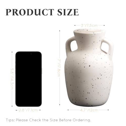Ceramic Flower Vase with Handles, Tall White Vase, Large Decorative Terracotta Vases, Farmhouse Rustic Pottery Vases for Home Decor, Living Room - size: 7"h