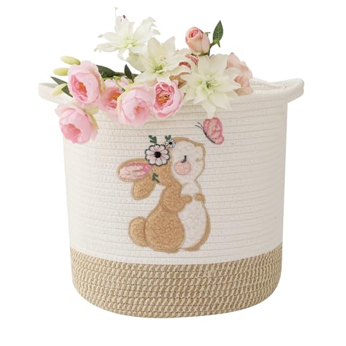Toy Storage Baskets Woven Cotton Rope Storage Basket for Kids, Blanket Baskets for Living Room Stuffed Animal Storage Toys Organizer with Embroidery Decor, Cute Baskets for Nursery (Bunny) - color: Bunny, size: Medium