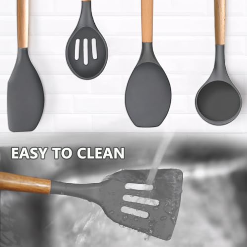 Silicone Cooking Utensils Set 5-Piece Non-Stick Kitchen Utensil Set, Wood Handle Heat Resistant Spatula Spoon Turner Soup Ladle Silicone Cooking Kitchen Gadgets BPA Free for Nonstick Cookware - color: Gray, size: Standard 5-Piece Set