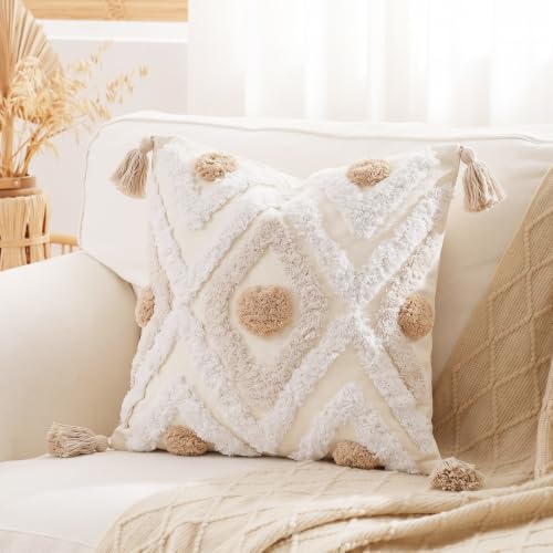 NUYECY Farmhouse Square Pillow Cover 18 x 18,Cotton and Linen Tufted Decorative Boho Pillow Case for Couch Sofa Bed Farmhouse Chair Outdoor,Khaki&Beige&White - color: Khaki, size: 18" x 18" (Pack of 1)