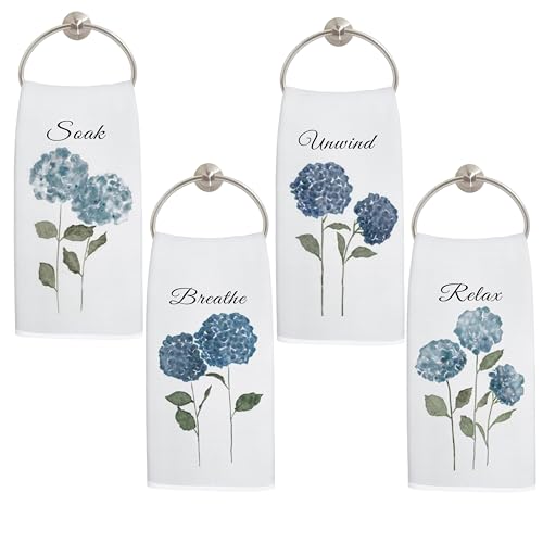 Blue Hydrangea Floral Bathroom Hand Towels, Relax Soak Unwind Breathe Botanical Hand Towel for Bathroom Gym Spa Yoga Room Decor, 16x24 Inch Set of 4 - color: Blue Hydrangea Floral