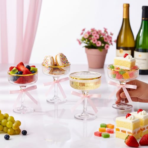 Set of 24 Plastic Champagne Coupe Glasses with Bow 7 oz Gold Champagne Tower Set Stackable Acrylic Ribbed Martini Glasses Cocktail Coupe Cup for Wedding Birthday Party Bar(Bowknot,Pink) - color: Pink, style: Bowknot