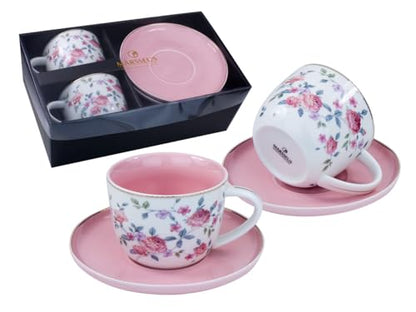 Porcelain Set of 2 Pastel Cups 8 oz with Saucers 5.75", Glamour by Marsseus Collection, Gift Box, Floral motif - color: Floral motif-3
