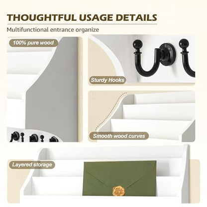Rebee Vision Mail Organizer Wall Mounted with 6 Key Hooks for Office, White | Pine Wood, Key Holder Wall Mount, Mail Holder, 3-Tier Letter Slots, key Hanger, Entryway Storage, Apartment Rustic Aesthetic - color: White